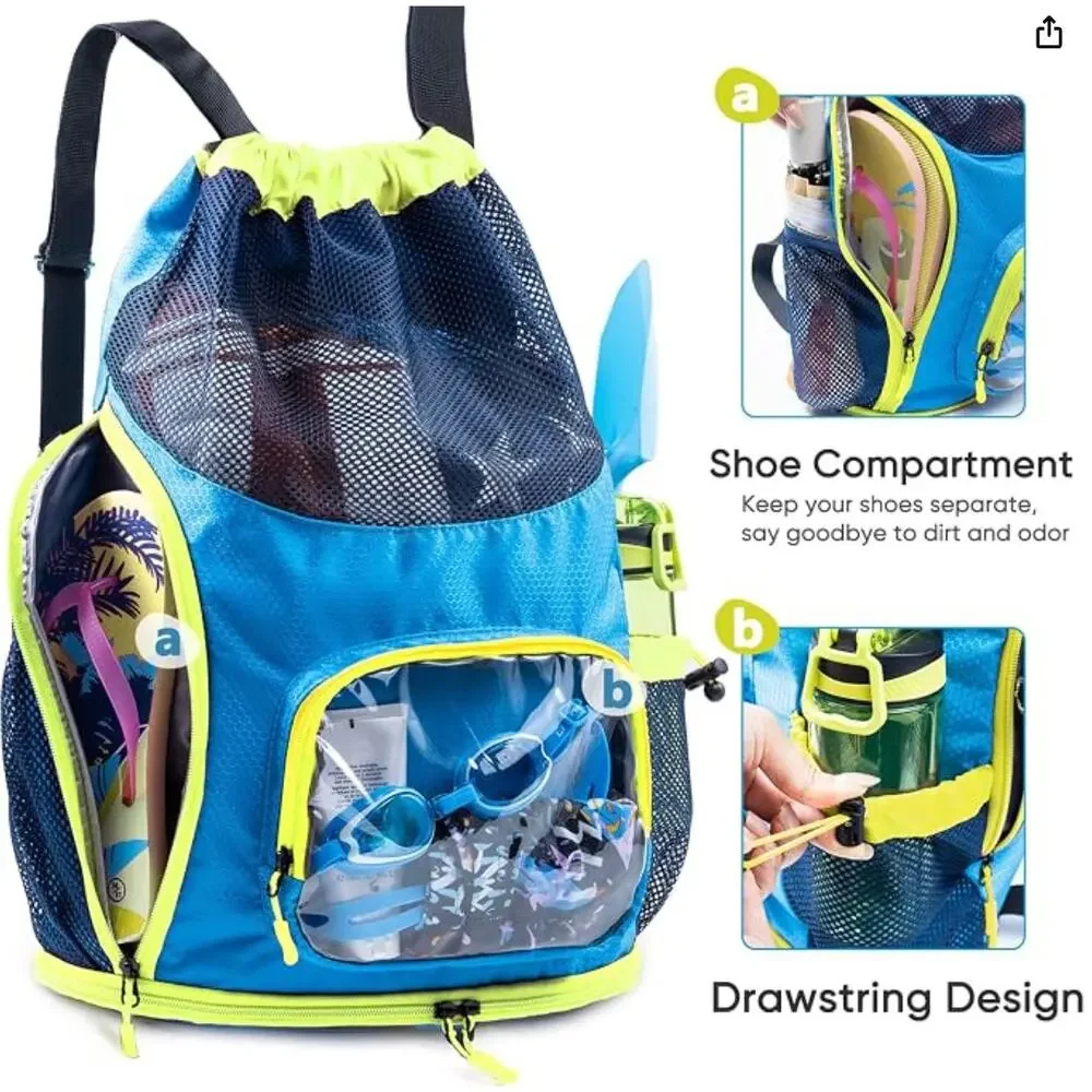 Mesh Drawstring Backpack with Shoe Compartment, Swim Bag with Wet Pocket- Blue